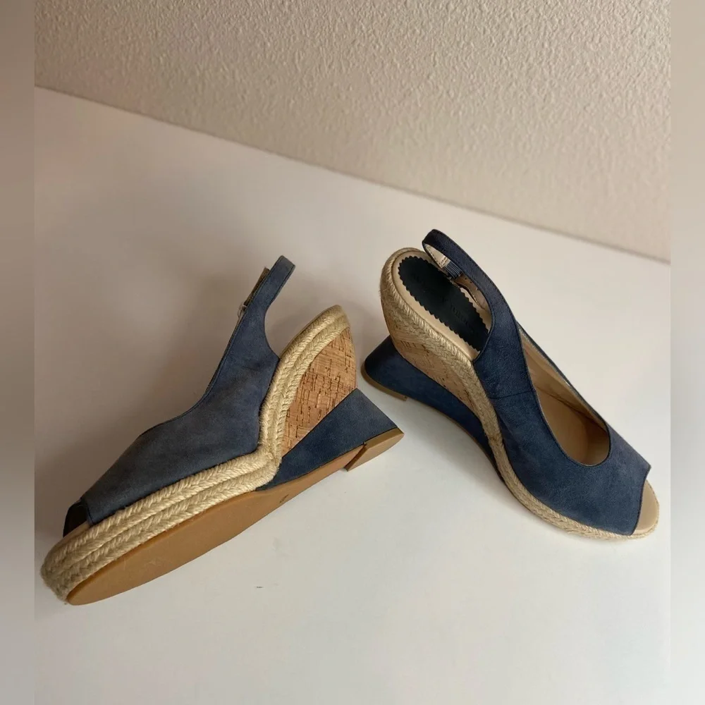 Audrey Brooke~Blue Faux Suede~Espadrille Cork Wedge~Peep Toe~Sandal~Size 8.5B